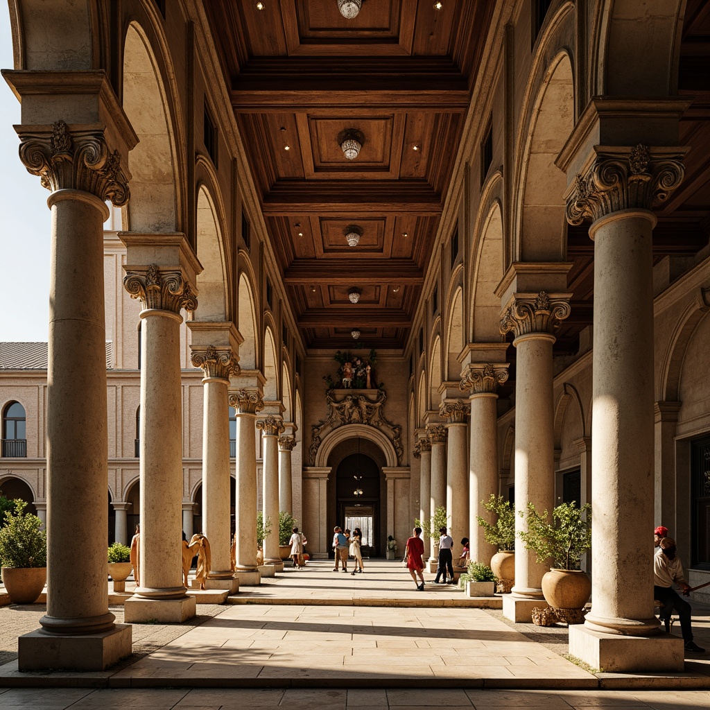 Prompt: Ornate column capitals, intricately carved marble, grandiose Renaissance architecture, ornamental pilasters, decorative volutes, classical arches, vaulted ceilings, majestic entranceways, symmetrical facades, Tuscan-inspired columns, weathered stone surfaces, aged brick textures, warm golden lighting, soft shadows, atmospheric perspective, 1/2 composition, dramatic verticality, richly ornamented details.