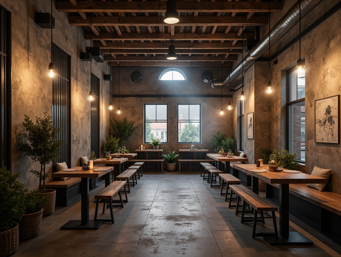 Prompt: Exposed concrete walls, industrial metal beams, minimalist decor, reclaimed wood accents, Edison bulb pendant lights, warm ambient glow, moody shadows, dramatic spotlights, rustic wooden tables, metal stools, cozy corner nooks, lush greenery, natural stone floors, brutalist architecture, raw urban aesthetic, atmospheric misting system, soft box lighting, 1/1 composition, realistic textures, cinematic camera angles.