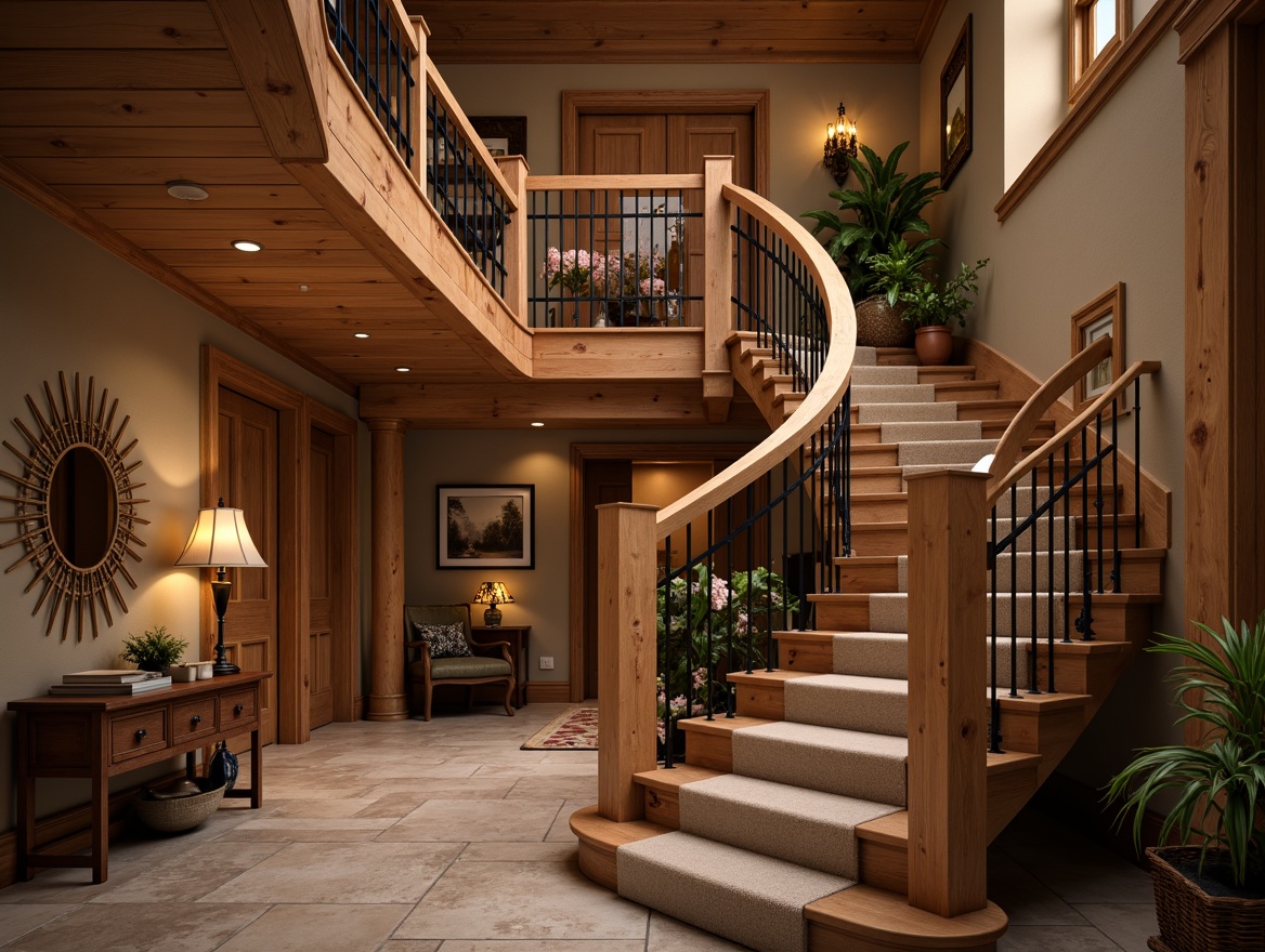 Prompt: Craftsman-style staircase, wooden railings, ornate newel posts, intricate baluster details, rustic wood tones, earthy color palette, natural stone flooring, warm ambient lighting, cozy atmospheric mood, inviting entryway, grand foyer space, curved stairwell, elegant metalwork, decorative metal spindles, rich wood textures, distressed finishes, vintage-inspired hardware, soft warm glow, shallow depth of field, 1/2 composition, realistic rendering.