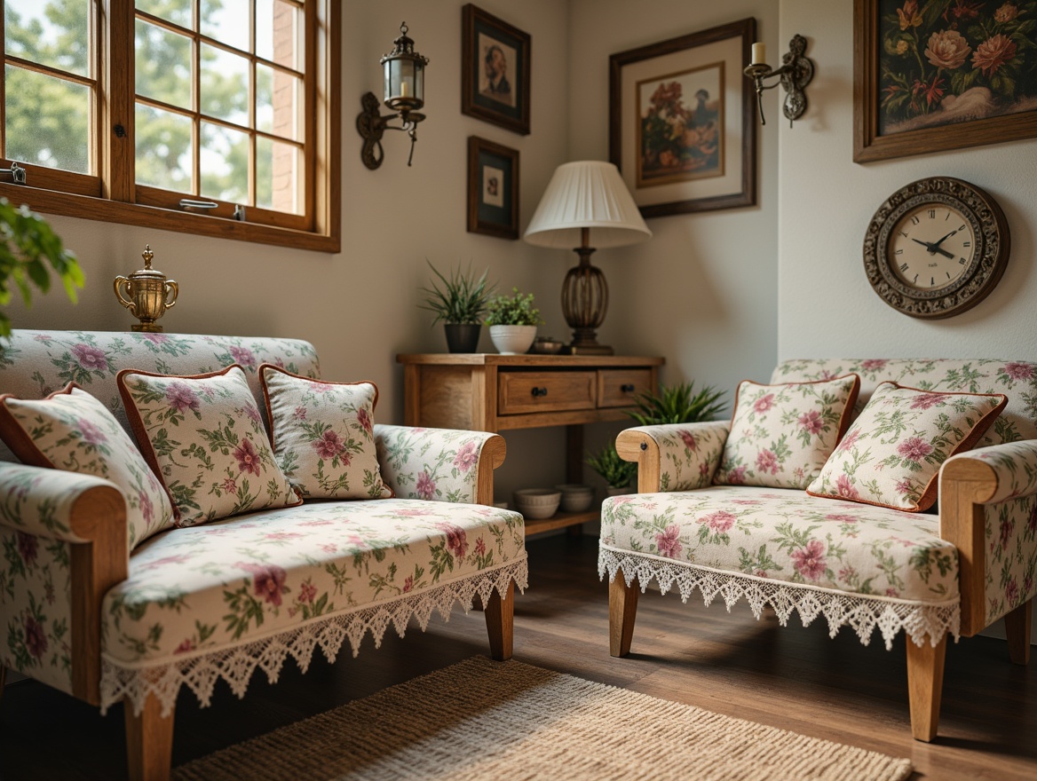 Prompt: Distressed wood furniture, vintage floral patterns, soft pastel colors, lace trims, ornate metalwork, rustic candle holders, worn velvet fabrics, antique accessories, distressed finishes, aged patina, natural textures, whimsical decorations, feminine details, romantic ambiance, warm golden lighting, shallow depth of field, 1/1 composition, realistic renderings.