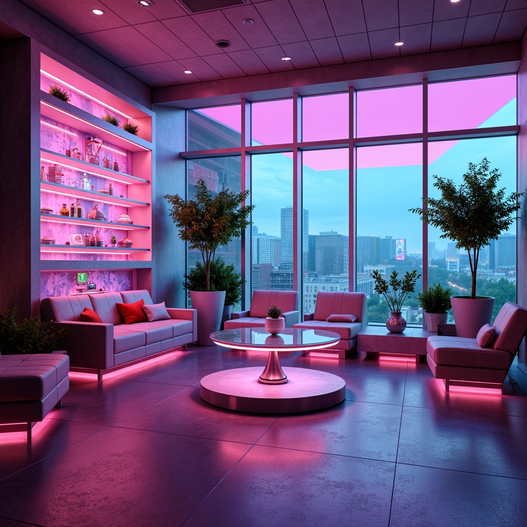 Prompt: Futuristic nook, neon-lit ambiance, iridescent hues, metallic accents, holographic patterns, glowing orbs, sleek minimalist furniture, translucent glass tables, levitating shelves, fiber-optic decorations, ambient LED lighting, soft futuristic glow, high-tech gadgetry, cyberpunk-inspired color scheme, vibrant pink-purple gradients, electric blue-green tones, chrome-plated surfaces, holographic projections, futuristic digital art, 3D-printed decor, virtual reality interfaces, panoramic cityscape views, atmospheric misting system, shallow depth of field, cinematic composition.