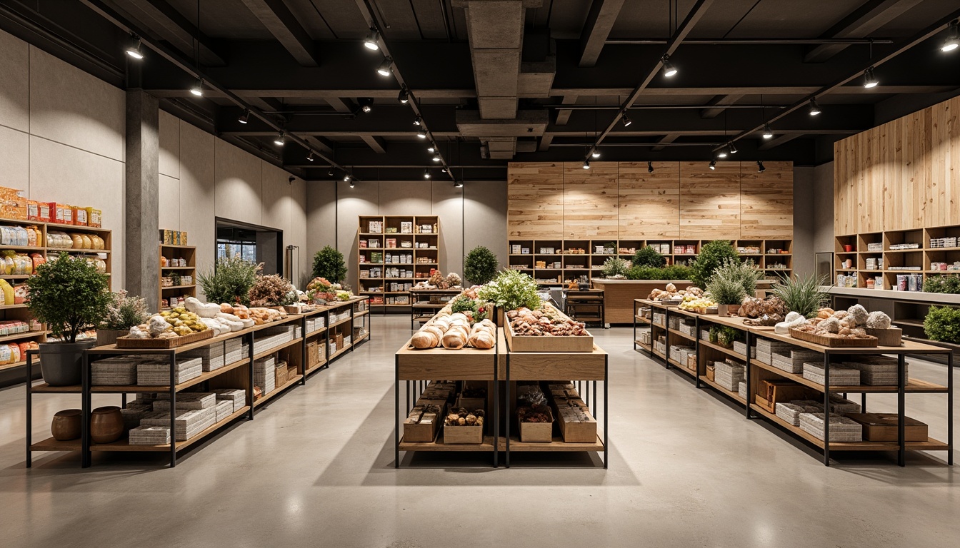 Prompt: Minimalist grocery store interior, sleek metal shelves, industrial chic aesthetic, reclaimed wood accents, polished concrete floors, modern track lighting, sparse product displays, geometric-shaped shelving units, cantilevered storage systems, wall-mounted racks, floor-to-ceiling storage, neutral color palette, natural textures, soft warm lighting, shallow depth of field, 1/1 composition, realistic reflections, ambient occlusion.