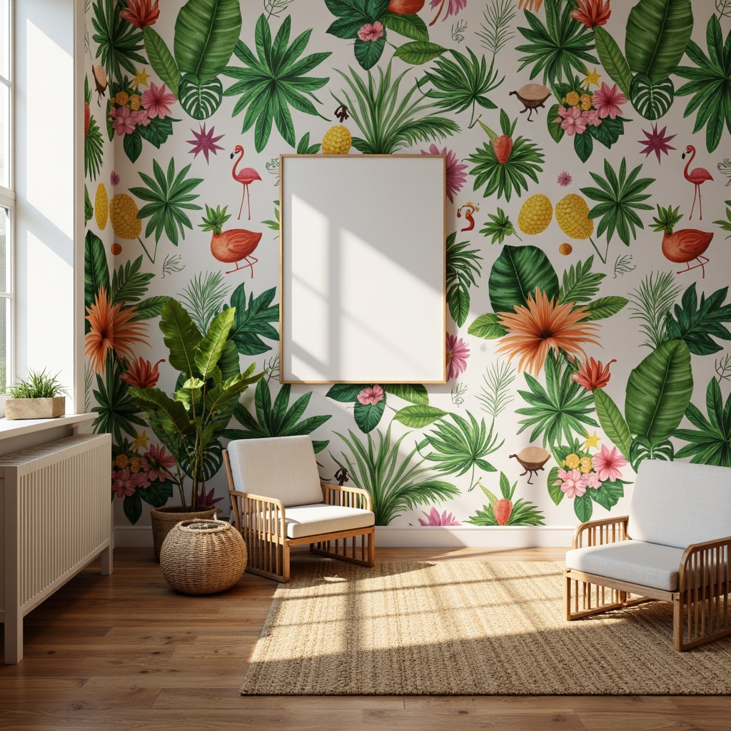 Prompt: Vibrant tropical wallpaper, palm tree decals, colorful floral patterns, soft pastel hues, whimsical monkey and bird illustrations, woven rattan furniture, natural fiber rugs, textured canvas wall hangings, 3D pineapple and flamingo decorations, warm golden lighting, shallow depth of field, 1/2 composition, realistic wood textures, ambient occlusion.