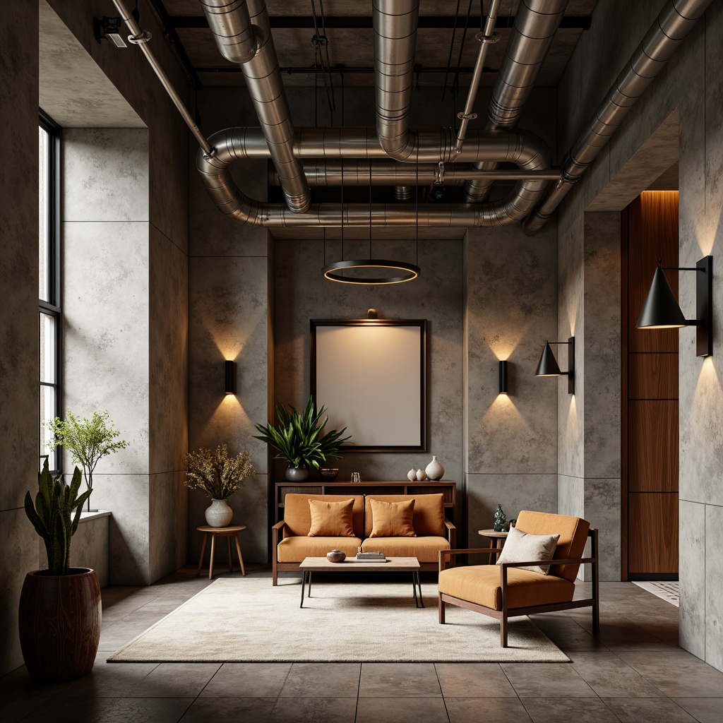 Prompt: Luxurious interior space, sleek modern walls, textured concrete finishes, industrial chic aesthetic, exposed ductwork, polished metal accents, warm wooden panels, rich velvet fabrics, soft ambient lighting, 1/1 composition, shallow depth of field, realistic material textures, subtle color palette, sophisticated urban atmosphere.