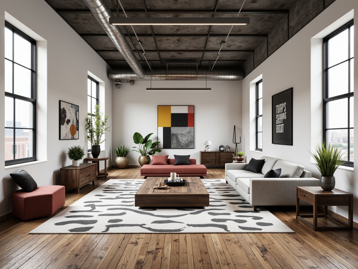 Prompt: Rustic wooden floors, geometric-patterned rugs, monochromatic color schemes, industrial metal pipes, minimalist decor, functional furniture, sleek lines, rectangular shapes, primary colors, bold typography, abstract artwork, natural light, airy atmosphere, high ceilings, large windows, urban loft feel, brutalist architecture, raw concrete walls, exposed ductwork, modernist aesthetic, simplified forms, reduced ornamentation, emphasis on function.