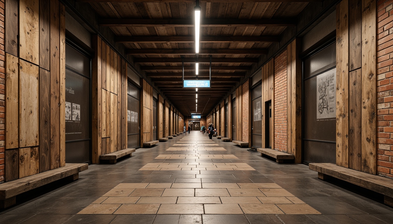 Prompt: Rustic metro station, industrial-chic atmosphere, distressed wooden planks, worn brick walls, vintage metal beams, exposed concrete floors, durable epoxy resin coatings, rough-hewn stone tiles, matte finish, earthy tones, warm ambient lighting, shallow depth of field, 2/3 composition, realistic textures, subtle weathering effects.