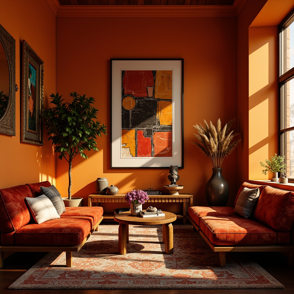 Prompt: Vibrant orange walls, abstract art pieces, eclectic furniture, bold geometric patterns, rich wood accents, luxurious velvet fabrics, warm golden lighting, dramatic shadows, cozy intimate atmosphere, ornate decorative mirrors, expressive brushstroke textures, avant-garde sculptures, moody atmospheric colors, intense emotional expressions, dynamic composition, high contrast ratio, 1/2 composition, soft focus effect.