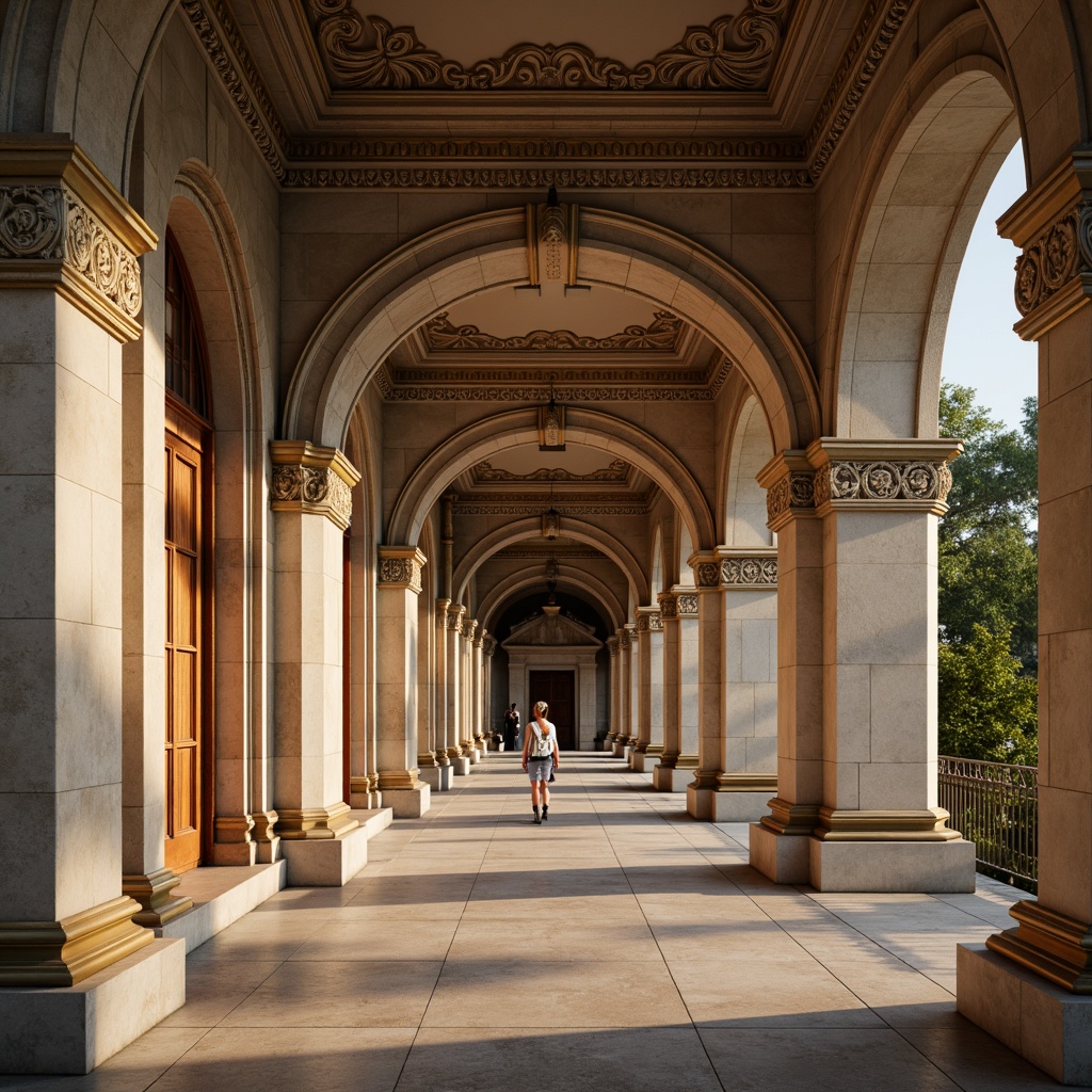 Prompt: Grandiose columns, ornate capitals, intricately carved marble, majestic arches, symmetrical facades, rusticated stone walls, classical proportions, ornamental pilasters, gilded accents, polished bronze details, warm golden lighting, soft focus, shallow depth of field, 2/3 composition, atmospheric perspective, subtle texture noise, ambient occlusion.