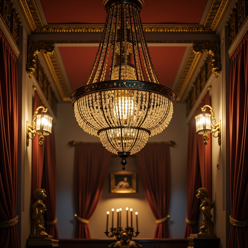 Prompt: Ornate chandeliers, crystal droplets, bronze fixtures, intricately designed metalwork, lavish candelabras, opulent pendant lights, ornamental sconces, luxurious fabrics, rich wood tones, velvet drapes, lavish furnishings, regal atmosphere, soft warm glow, warm golden lighting, dramatic shadows, 3/4 composition, realistic textures, ambient occlusion.