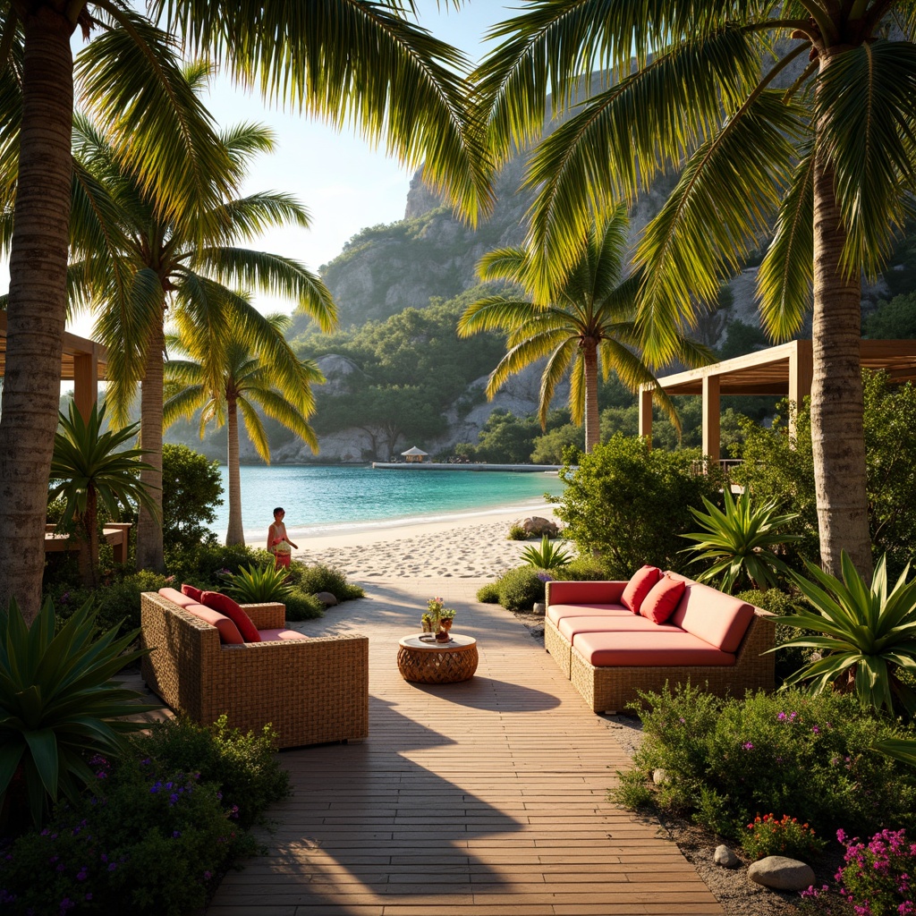 Prompt: Tropical oasis, lush greenery, exotic flowers, warm sandy beach, clear turquoise water, palm trees, wooden decks, rattan furniture, natural textiles, woven baskets, vibrant colorful accents, soft warm lighting, golden hour ambiance, shallow depth of field, 1/1 composition, panoramic view, realistic textures, ambient occlusion, string lights, lanterns, candles, LED light strips, backlit glass panels, dimmable fixtures, energy-efficient solutions.