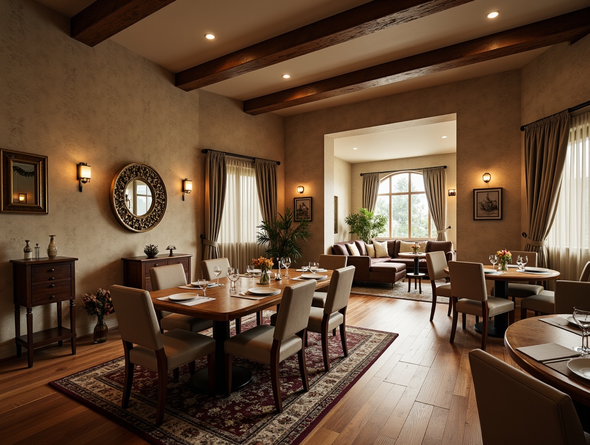 Prompt: Cozy dining room, rich wood flooring, plush area rug, comfortable seating, upholstered chairs, elegant wooden table, metallic accents, soft warm lighting, ambient shadows, subtle color palette, creamy whites, earthy browns, luxurious fabrics, velvet drapes, linen napkins, ornate mirrors, minimalist decor, natural stone walls, rustic wooden beams, intimate atmosphere, shallow depth of field, 1/1 composition, realistic textures, detailed patterns.