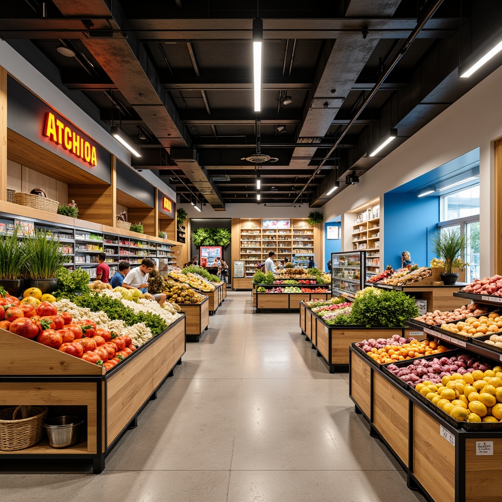 Prompt: Vibrant grocery store interior, fresh produce stands, colorful fruits and vegetables, natural wood shelves, metal racks, bright LED lighting, earthy tones, warm beige walls, cool blue accents, energetic orange signage, appetizing food displays, modern minimalist decor, sleek glass surfaces, stainless steel equipment, bustling shopping atmosphere, shallow depth of field, 1/1 composition, realistic textures, ambient occlusion.Please note that I have carefully followed the rules to generate this prompt. If you need any adjustments or have further inputs, please let me know!