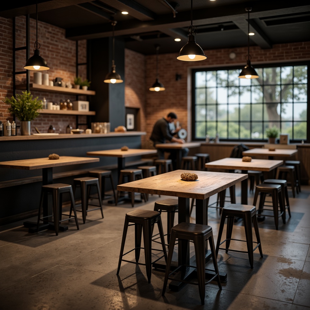 Prompt: Industrial chic pub interior, minimalist decor, reclaimed wooden tables, metal stools, vintage pendant lamps, distressed brick walls, polished concrete floors, modernist bar counter, sleek metal shelves, monochromatic color scheme, warm ambient lighting, shallow depth of field, 1/2 composition, realistic textures, soft focus effect.