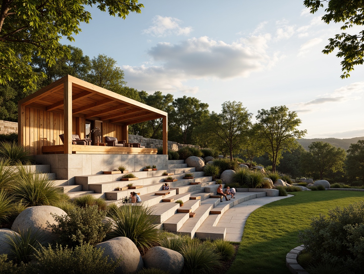 Prompt: Vibrant outdoor amphitheater, natural stone seating, lush greenery surroundings, warm golden lighting, sunset ambiance, gentle slope terrain, rustic wooden accents, earthy tone color palette, soft blue sky, fluffy white clouds, comfortable cushioned chairs, modern minimalist architecture, subtle texture details, shallow depth of field, 1/1 composition, realistic rendering, ambient occlusion.Please let me know if this meets your requirements!