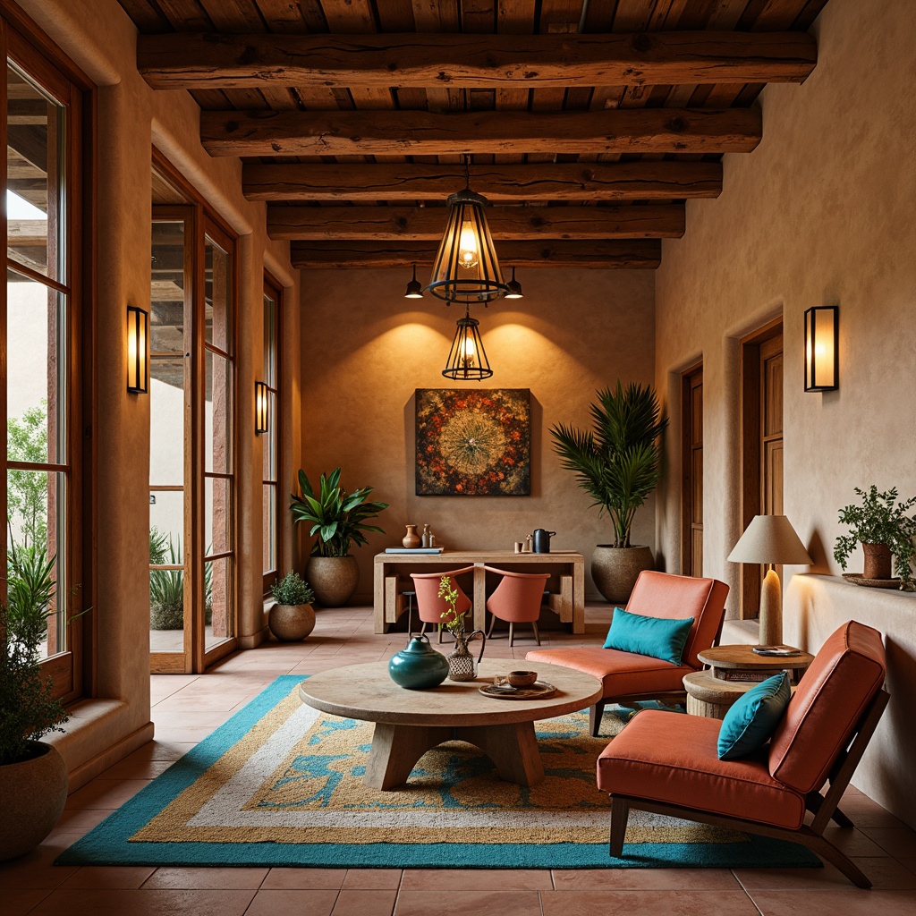 Prompt: Southwestern-inspired community interior, warm earthy tones, rustic wooden accents, vibrant turquoise hues, woven textiles, natural fiber rugs, ambient warm lighting, soft candlelight, pendant lanterns, recessed ceiling lights, cove lighting, stone or adobe-style walls, clay-toned ceramics, woven basketry, organic shapes, 3/4 composition, cozy intimate atmosphere, shallow depth of field, soft focus, warm color palette.