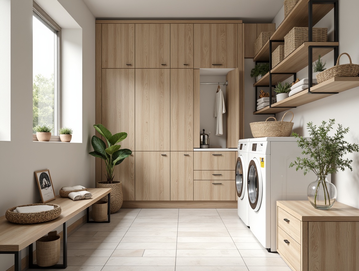 Prompt: Minimalist laundry room, light wood accents, white ceramic tiles, industrial metal shelving, modern Scandinavian furniture, sleek storage cabinets, hidden laundry facilities, compact washing machines, space-saving drying racks, natural textiles, woven baskets, Nordic-inspired patterns, earthy color palette, warm soft lighting, shallow depth of field, 1/1 composition, realistic textures, ambient occlusion.