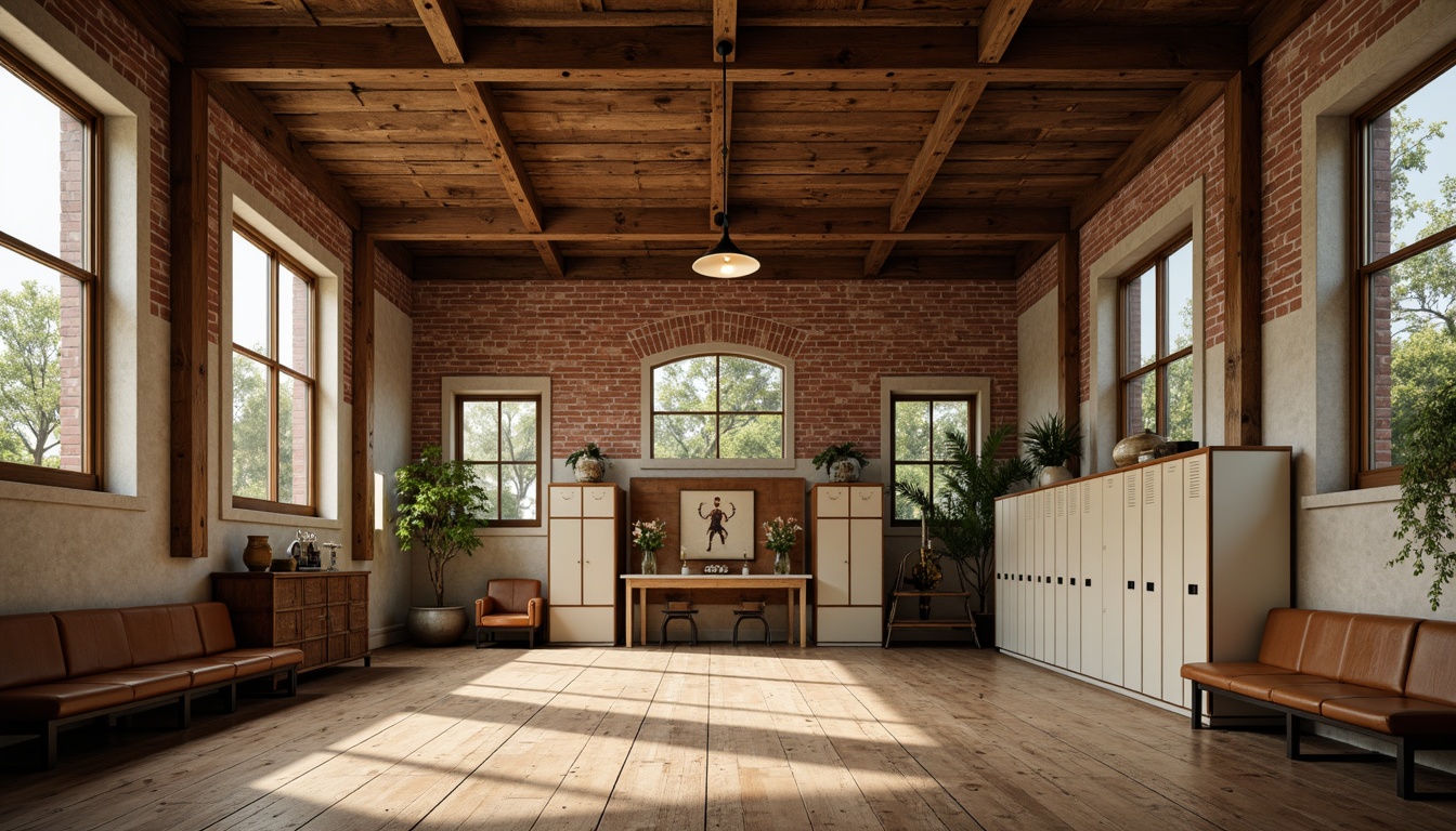 Prompt: Rustic gymnasium, earthy tones, wooden accents, natural stone walls, exposed brick ceilings, distressed metal beams, vintage athletic equipment, nostalgic lockers, worn wooden floors, creamy white paint, rich brown leather, warm golden lighting, soft shadows, shallow depth of field, 2/3 composition, realistic textures, ambient occlusion.Let me know if this meets your requirements!