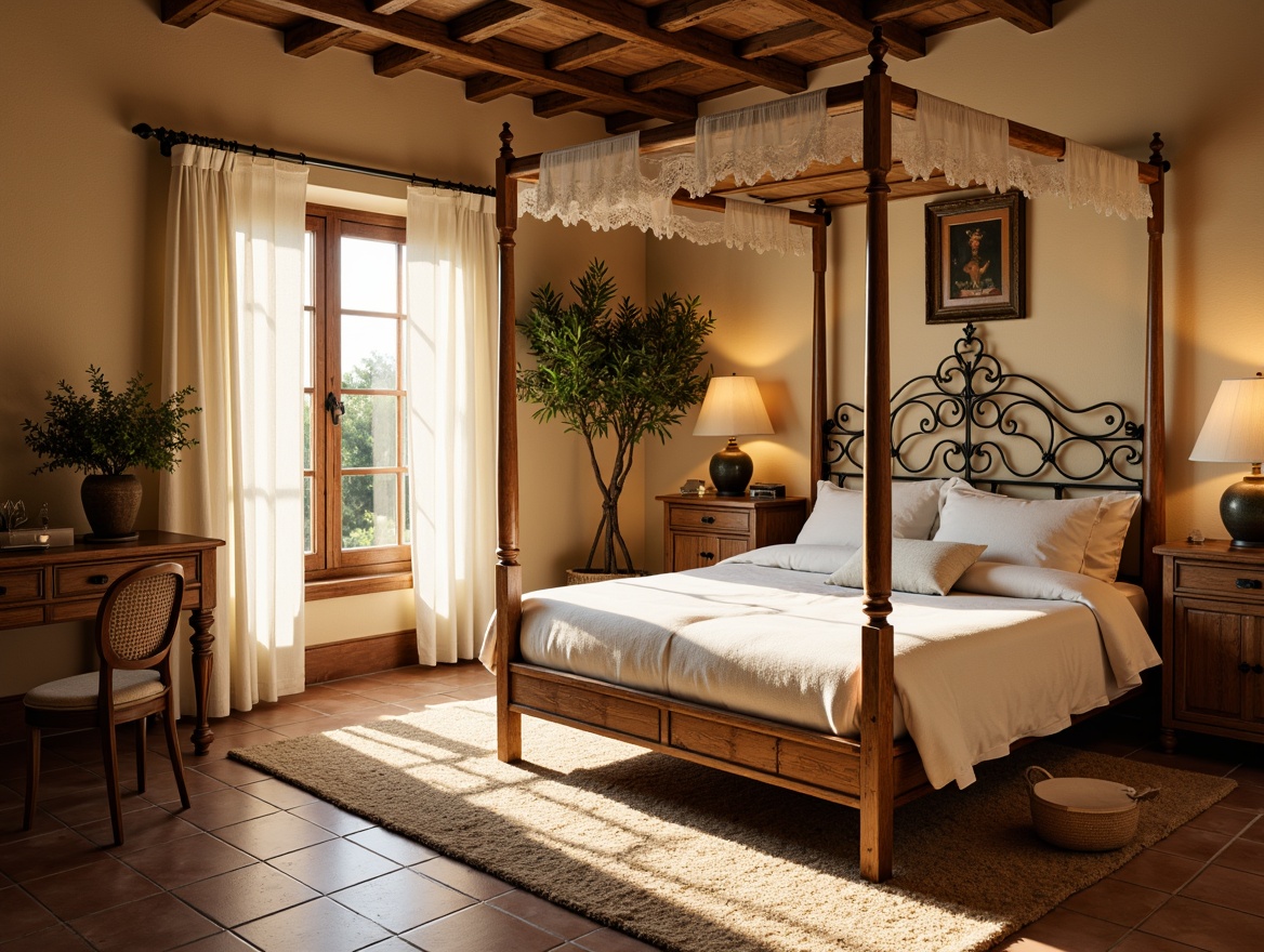 Prompt: Cozy Mediterranean bedroom, warm beige walls, rustic wood accents, plush area rug, elegant four-poster bed, ornate metalwork details, soft white linens, delicate lace curtains, vintage wooden furniture, distressed finishes, natural woven baskets, potted olive trees, sunny morning light, warm golden lighting, shallow depth of field, 1/1 composition, intimate atmosphere, realistic textures, ambient occlusion.