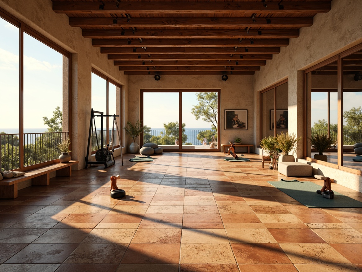 Prompt: Warm Mediterranean home gym, rustic wooden flooring, distressed terracotta tiles, natural stone walls, earthy color palette, warm beige tones, soft golden lighting, fitness equipment, free weights, yoga mats, mirrored walls, large windows, ocean views, sunny day, shallow depth of field, 1/1 composition, realistic textures, ambient occlusion.