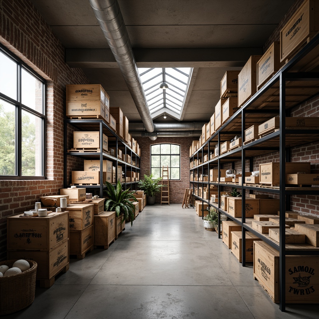 Prompt: Well-lit storage space, natural ventilation, metal shelving units, wooden crates, industrial-style decor, exposed ductwork, concrete flooring, rustic brick walls, large windows, clerestory lighting, soft diffused light, 1/1 composition, realistic textures, ambient occlusion, warm neutral color palette, cozy atmosphere, inviting ambiance.