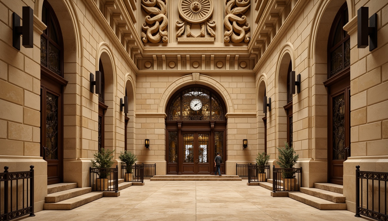 Prompt: Grand courthouse entrance, imposing stone columns, ornate metal gates, intricately carved wooden doors, majestic clock tower, classical architecture style, symmetrical fa\u00e7ade, balanced composition, warm beige limestone walls, polished granite floors, richly textured ceiling details, dramatic staircases, elegant handrailings, vintage bronze fixtures, soft warm lighting, subtle color palette, 1/2 composition, shallow depth of field, realistic textures, ambient occlusion.