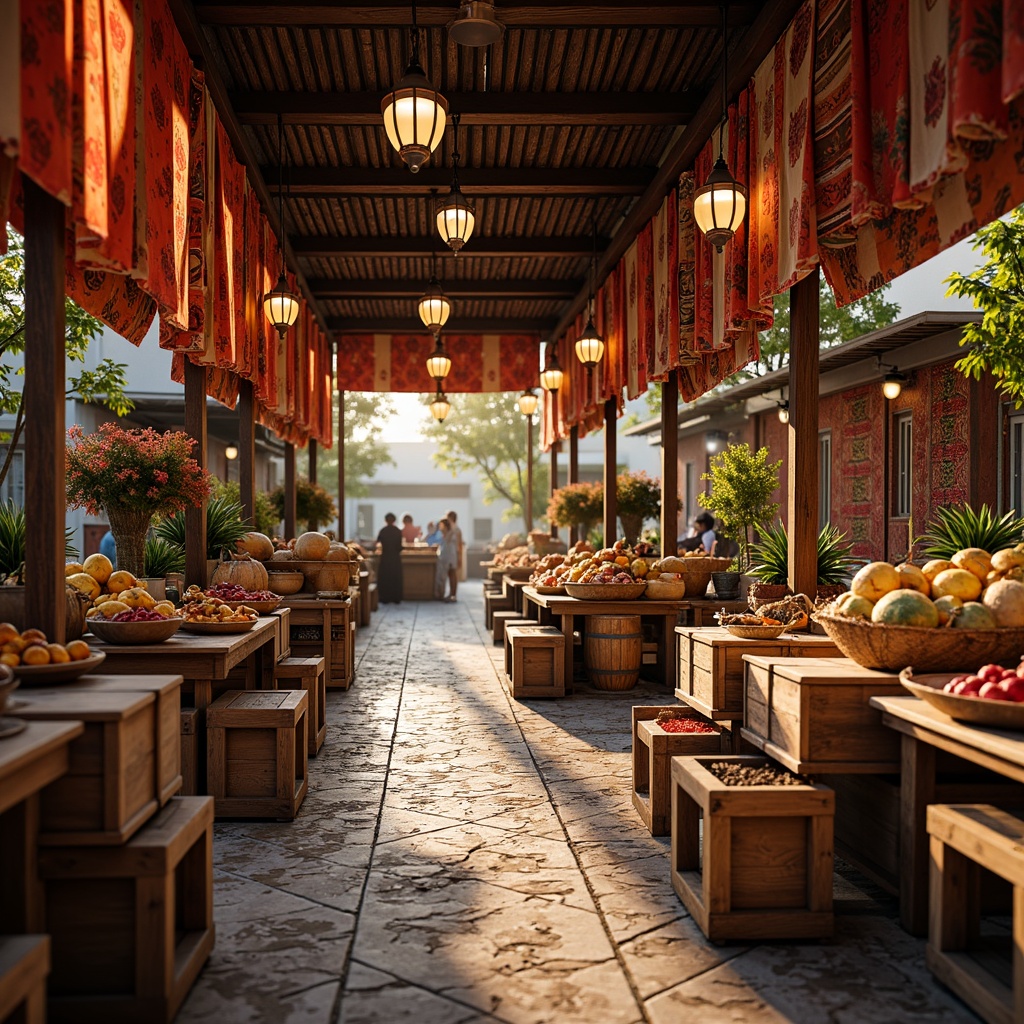 Prompt: Vibrant market stalls, eclectic textiles, colorful fabrics, intricate patterns, Moroccan-inspired tiles, ornate lanterns, rustic wooden crates, woven baskets, exotic spices, fresh fruits, lively atmosphere, warm golden lighting, shallow depth of field, 1/1 composition, realistic textures, ambient occlusion.