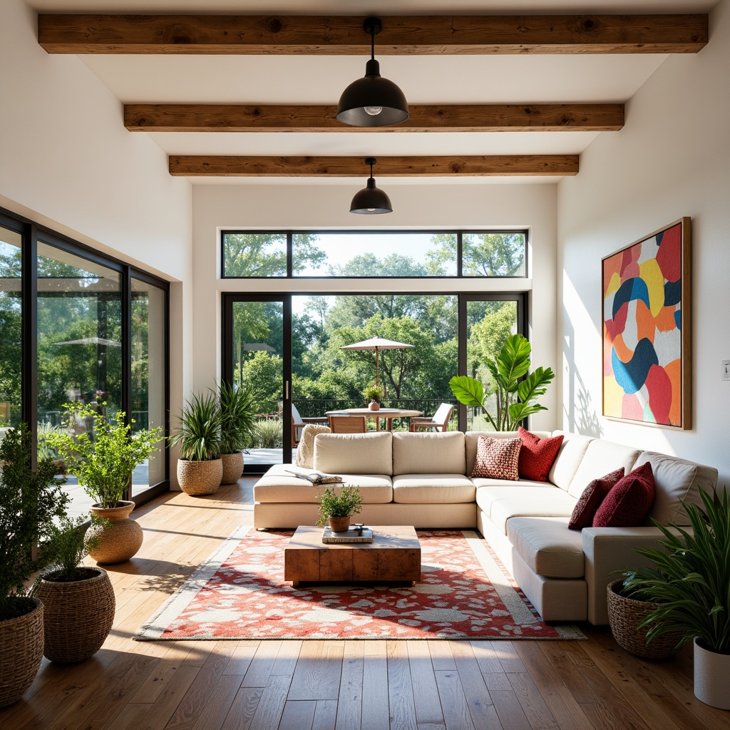 Prompt: Vibrant sunroom, abundant natural light, floor-to-ceiling windows, sliding glass doors, minimalist white walls, warm wood flooring, lush greenery, potted plants, eclectic decorative accents, geometric patterned textiles, bold colorful artwork, oversized sectional sofa, plush throw pillows, rustic wooden beams, modern industrial lighting fixtures, bright sunny day, soft warm glow, shallow depth of field, 1/1 composition, realistic textures, ambient occlusion.