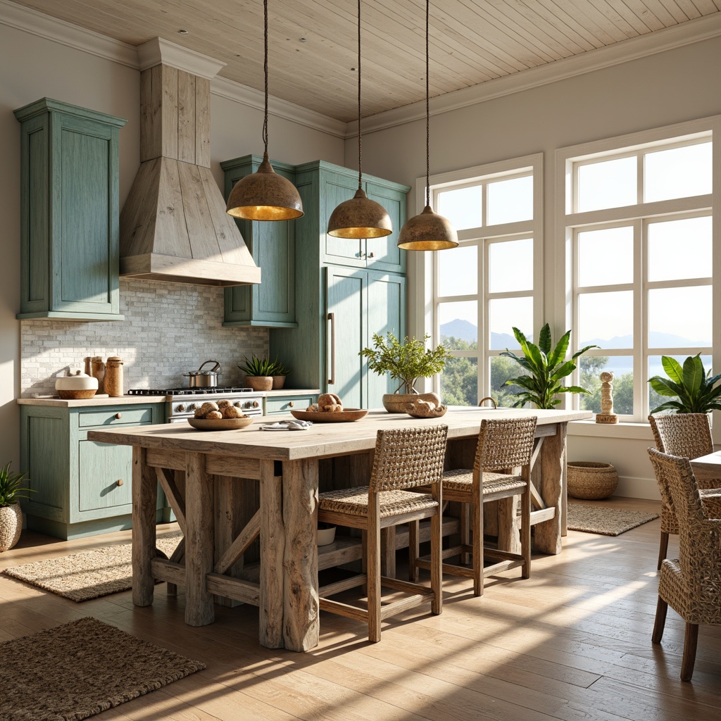 Prompt: Driftwood kitchen island, distressed wood finishes, soft blue-green cabinets, crisp white countertops, sea-glass tile backsplashes, woven rattan chairs, natural fiber rugs, potted palms, ocean-inspired decorative accents, shell-shaped lighting fixtures, warm beachy ambiance, sunny coastal morning, soft golden lighting, shallow depth of field, 1/2 composition, realistic textures, ambient occlusion.