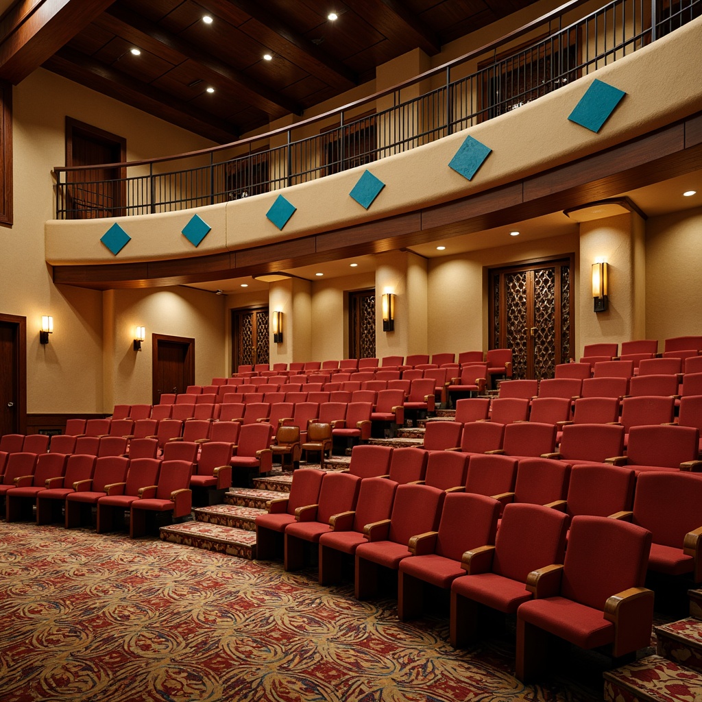 Prompt: Southwestern-themed auditorium, tiered seating arrangement, curved rows, plush crimson seats, wooden accents, adobe-inspired walls, warm beige tones, vibrant turquoise highlights, geometric patterned carpets, rustic metal railings, dramatic stage lighting, soft warm glow, shallow depth of field, 1/2 composition, realistic textures, ambient occlusion.