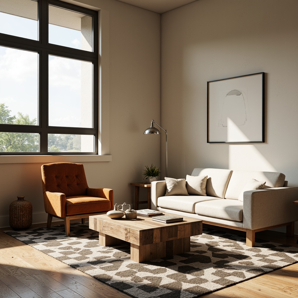 Prompt: Mid-century modern living room, minimalist decor, sleek low-profile sofa, tufted velvet armchair, reclaimed wood coffee table, industrial metal lamp, geometric patterned rug, neutral beige walls, large windows, natural light, soft warm atmosphere, shallow depth of field, 3/4 composition, realistic textures, ambient occlusion.