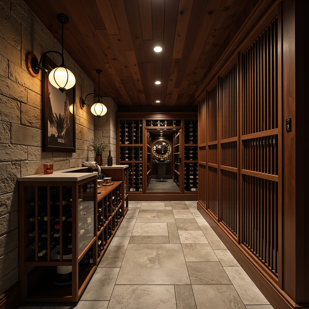 Prompt: Luxurious wine cellar, dark wood tone, rich stone walls, dimmed lighting, temperature-controlled environment, humidity-regulated atmosphere, sleek metal racks, glass-enclosed wine storage, polished concrete flooring, elegant tile patterns, sophisticated wood grain textures, ambient warm glow, soft focused lighting, 1/1 composition, shallow depth of field, realistic reflections.