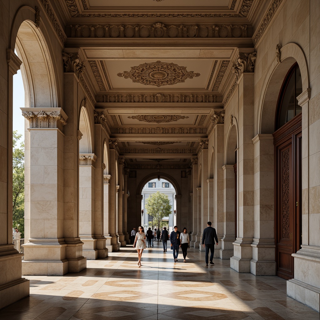 Prompt: Elegant neoclassical building, ornate molding details, refined columns, symmetrical fa\u00e7ade, grand entrance, sweeping archways, decorative cornices, intricate carvings, polished marble floors, richly textured walls, subtle warm lighting, shallow depth of field, 2/3 composition, harmonious proportions, realistic materials, ambient occlusion.