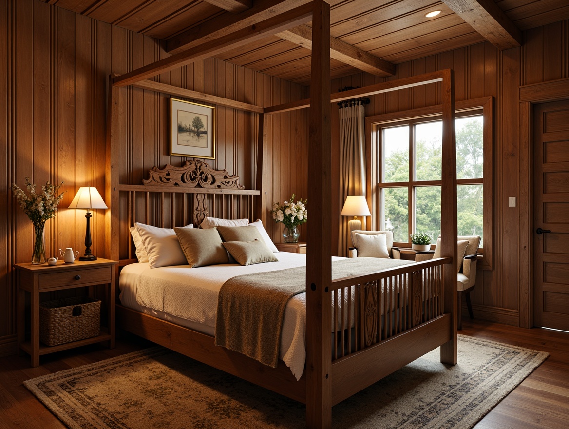 Prompt: Cozy craftsman bedroom, wooden furniture, rustic oak wood tone, ornate carvings, mission-style bed frame, plush velvet upholstery, natural linen fabrics, earthy color palette, warm ambient lighting, soft shadows, 3/4 composition, shallow depth of field, realistic textures, ambient occlusion.