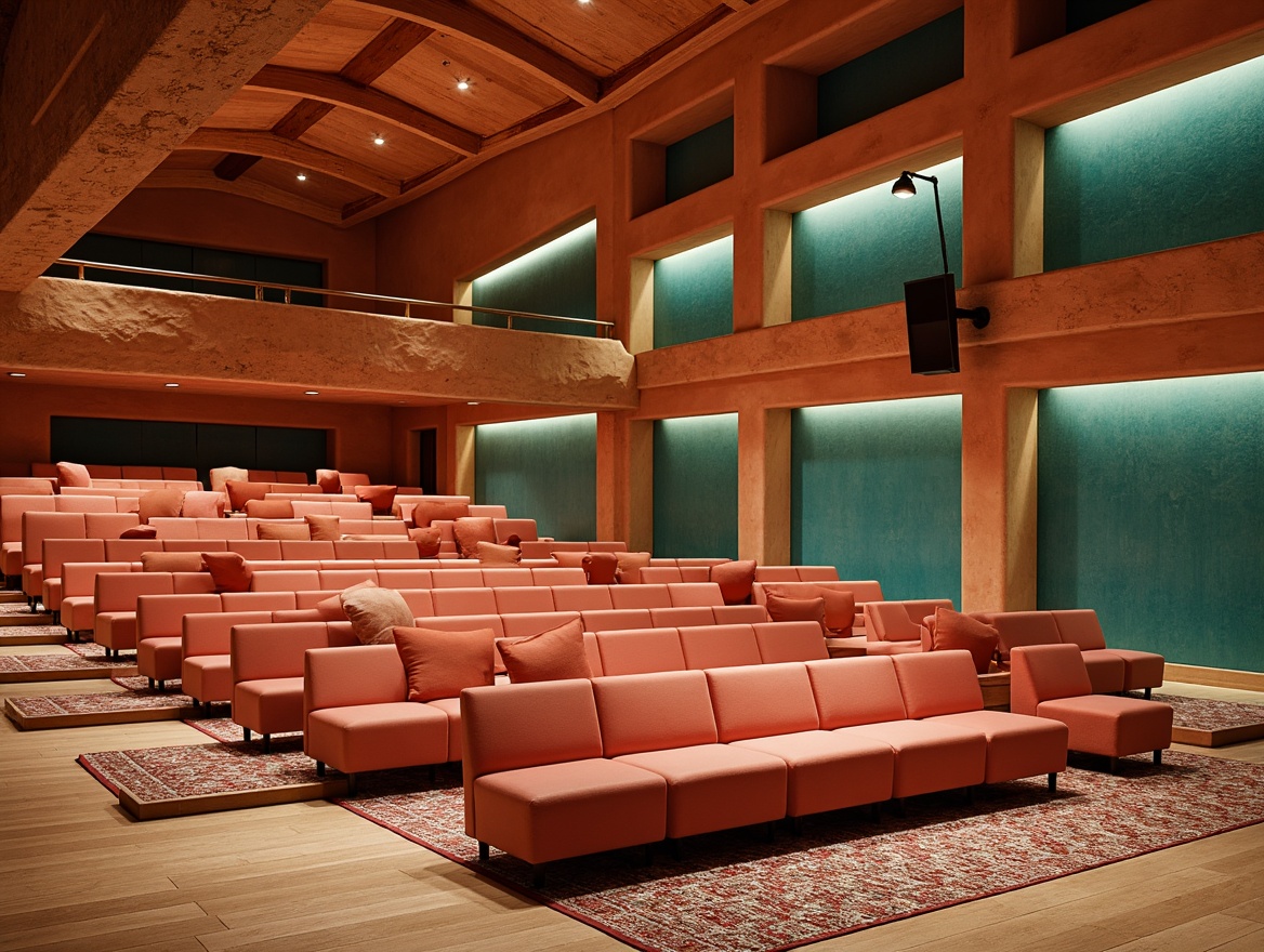 Prompt: Earthy tone auditorium, warm terracotta walls, rich turquoise accents, natural wood flooring, woven textiles, geometric patterned rugs, adobe-inspired architecture, rustic wooden beams, vibrant coral-hued seats, soft golden lighting, subtle stucco textures, dramatic ceiling vaults, panoramic views, 1/2 composition, realistic ambient occlusion.