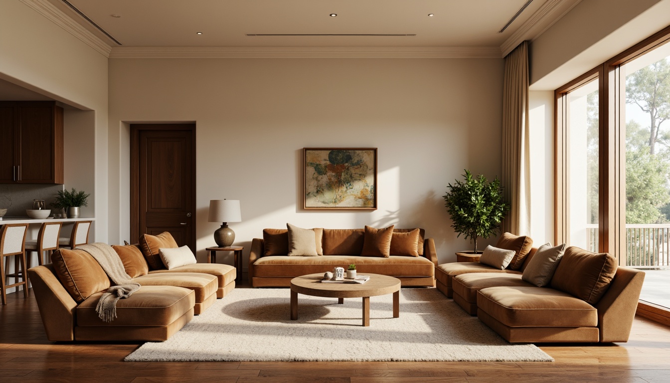 Prompt: Elegant living room, harmonious furniture arrangement, warm beige walls, polished wooden floors, plush velvet sofas, curved lines, minimalist decor, natural textiles, earthy color palette, subtle patterns, comfortable seating areas, floor lamps, table lamps, soft warm lighting, shallow depth of field, 1/1 composition, realistic textures, ambient occlusion.