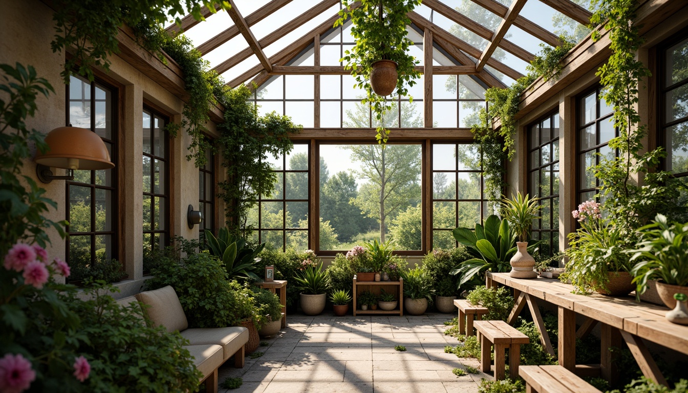 Prompt: Rustic wooden greenhouse, lush greenery, natural stone walls, earthy tones, reclaimed wood accents, vintage metal frames, distressed finishes, hanging planters, trailing ivy, tropical plants, vibrant flowers, leafy greens, warm sunlight, soft diffused lighting, shallow depth of field, 3/4 composition, panoramic view, realistic textures, ambient occlusion.