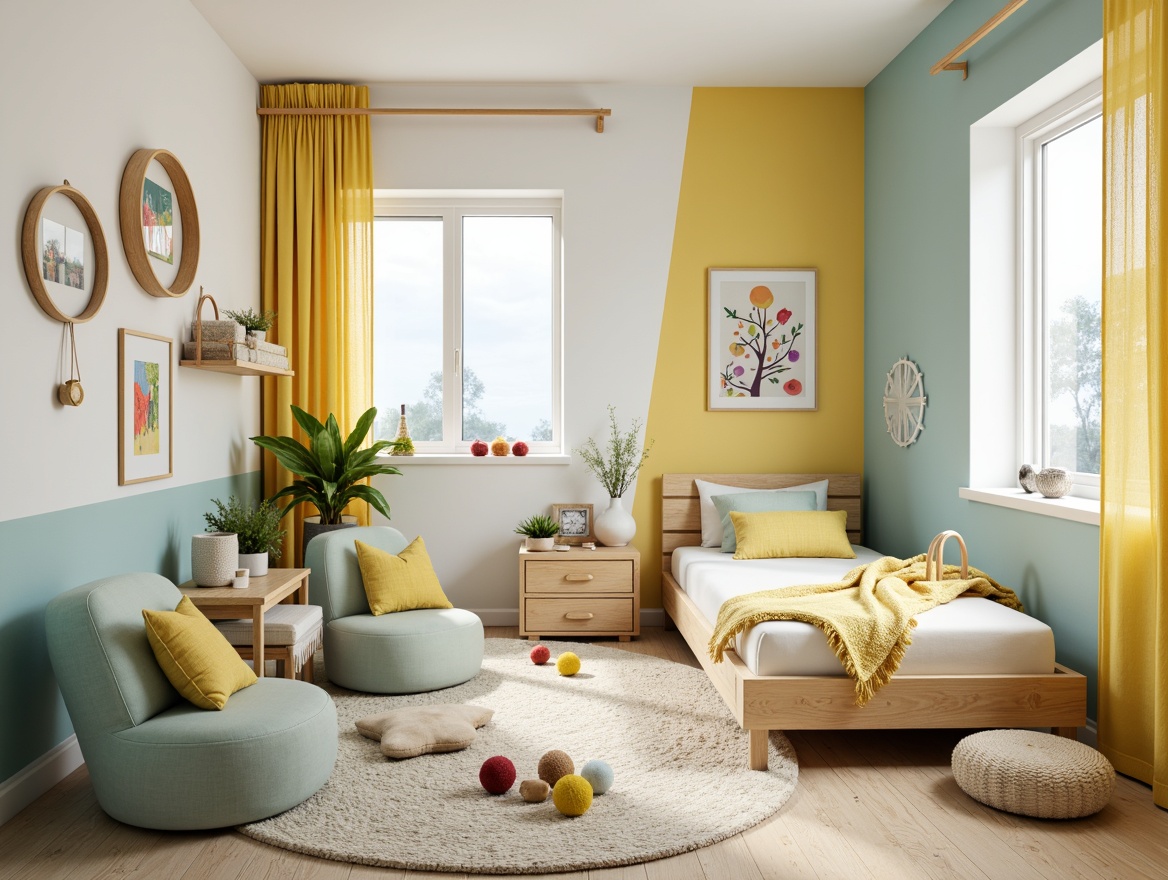 Prompt: Vibrant kids' bedroom, soft pastel colors, creamy whites, warm beige tones, gentle blue hues, soothing green shades, playful yellow accents, whimsical patterns, textured fabrics, cozy reading nooks, plush area rugs, modern furniture designs, rounded edges, colorful wall art, cheerful decorative accessories, natural wood accents, calming ambiance, warm soft lighting, shallow depth of field, 1/1 composition, realistic textures.