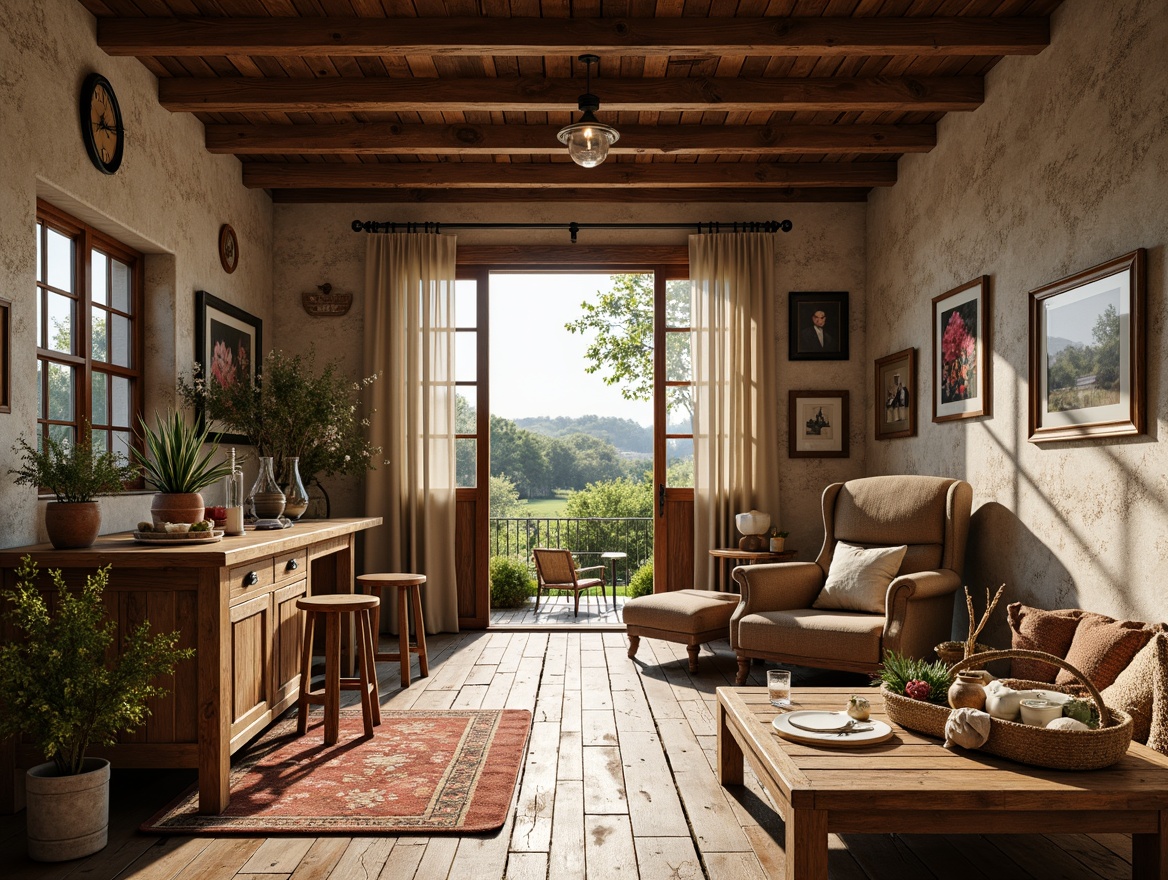 Prompt: Rustic farmhouse, vintage decorations, distressed wood accents, earthy color palette, natural stone walls, exposed beams, wooden flooring, antique furniture pieces, woven textiles, floral patterns, soft warm lighting, cozy atmosphere, countryside views, lush greenery, wildflowers, sunny day, shallow depth of field, 1/1 composition, realistic textures, ambient occlusion.