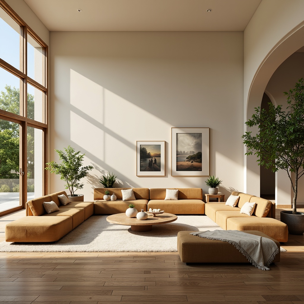 Prompt: Minimalist living room, soft beige walls, warm wooden floors, comfortable velvet sofas, curved lines, harmonious proportions, elegant coffee tables, natural stone vases, lush green plants, floor-to-ceiling windows, abundant natural light, soft warm glow, shallow depth of field, 1/2 composition, realistic textures, ambient occlusion.