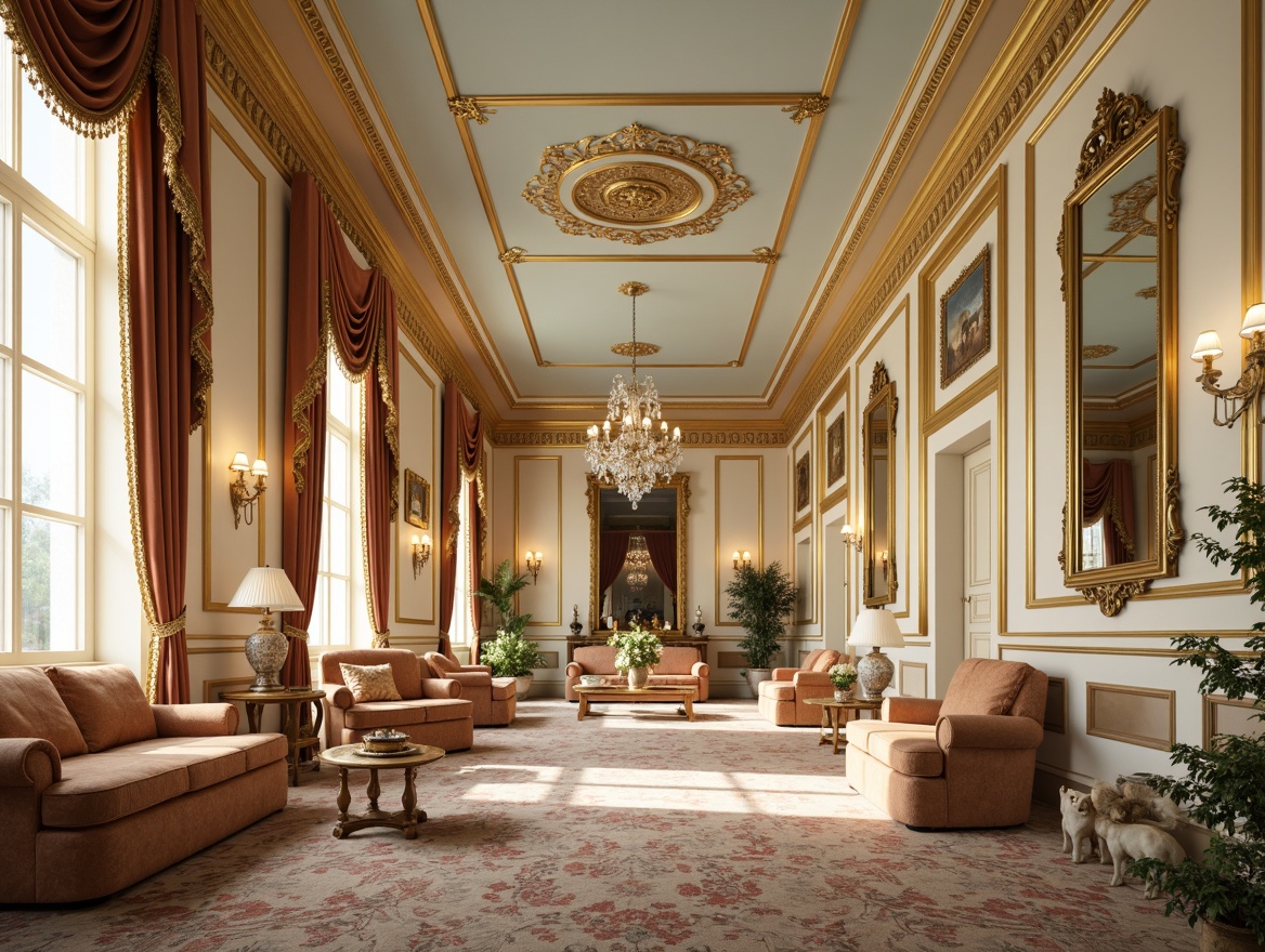 Prompt: Opulent Rococo interior, soft golden lighting, delicate cream walls, richly ornate furnishings, luxurious velvet fabrics, intricate carvings, gilded accents, crystal chandeliers, lavish floral patterns, pastel hues, pale blue ceilings, ornamental mirrors, subtle texture contrasts, 1/1 composition, warm color harmony, soft focus, realistic reflections.