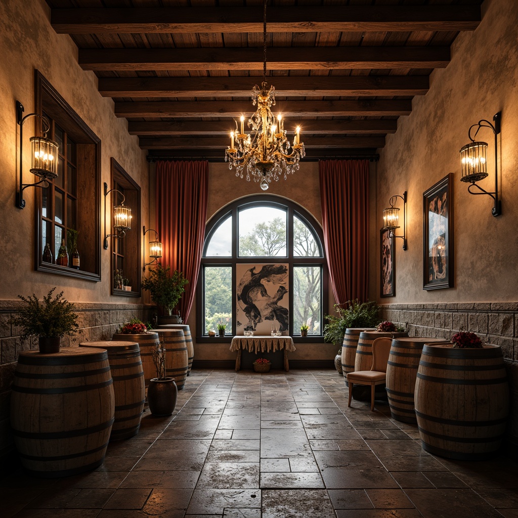 Prompt: Rustic winery, eclectic style, vintage wine barrels, ornate metalwork, distressed wood accents, earthy color palette, natural stone walls, reclaimed wood flooring, luxurious velvet drapes, crystal chandeliers, abstract artwork, moody warm lighting, dramatic shadows, 1/2 composition, low-angle shot, cinematic flair, rich textures, atmospheric mist.