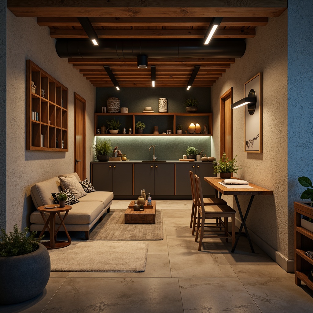 Prompt: Cozy basement atmosphere, warm earthy tones, rich wood accents, soft beige walls, deep blue undertones, industrial metal fixtures, rustic stone flooring, modern minimalist decor, recessed lighting, ambient shadows, 1/1 composition, dramatic highlights, realistic textures, atmospheric misting.