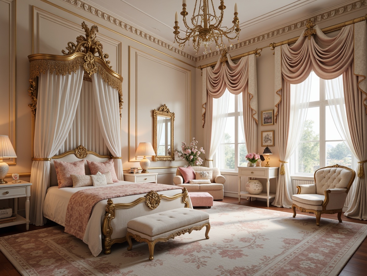 Prompt: Whimsical kids' bedroom, ornate Rococo furniture, curvaceous lines, intricate carvings, gilded accents, soft pastel colors, plush carpets, delicate chandeliers, lace curtains, floral patterns, velvet upholstery, carved wooden beds, canopy drapes, tufted ottomans, golden hardware, creamy marble tops, warm candlelight, shallow depth of field, 1/1 composition, romantic atmosphere, elegant textures, subtle ambient occlusion.