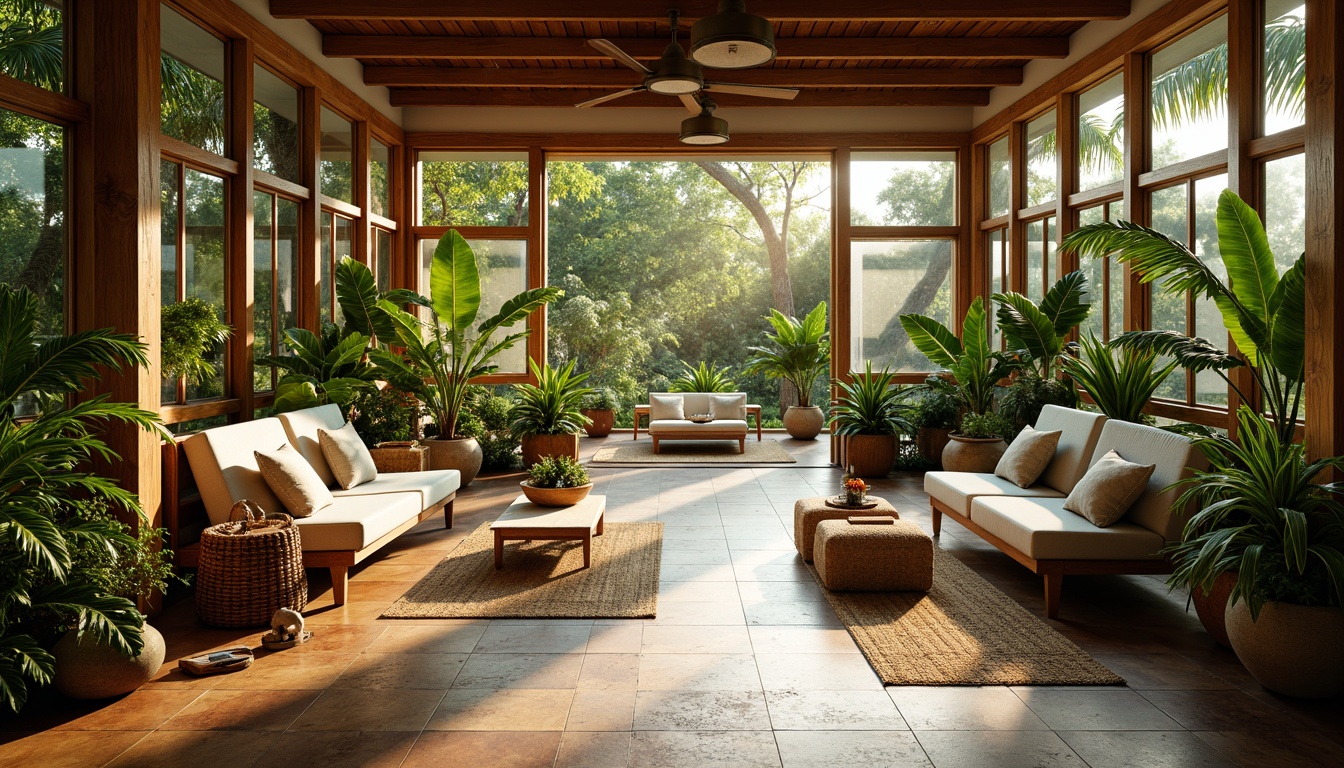 Prompt: Vibrant sunroom, warm natural light, comfortable seating area, lush greenery, exotic plants, wooden flooring, rich walnut tones, textured stone tiles, cool ceramic surfaces, glass doors, large windows, outdoor views, tropical atmosphere, soft warm lighting, shallow depth of field, 3/4 composition, panoramic view, realistic textures, ambient occlusion.