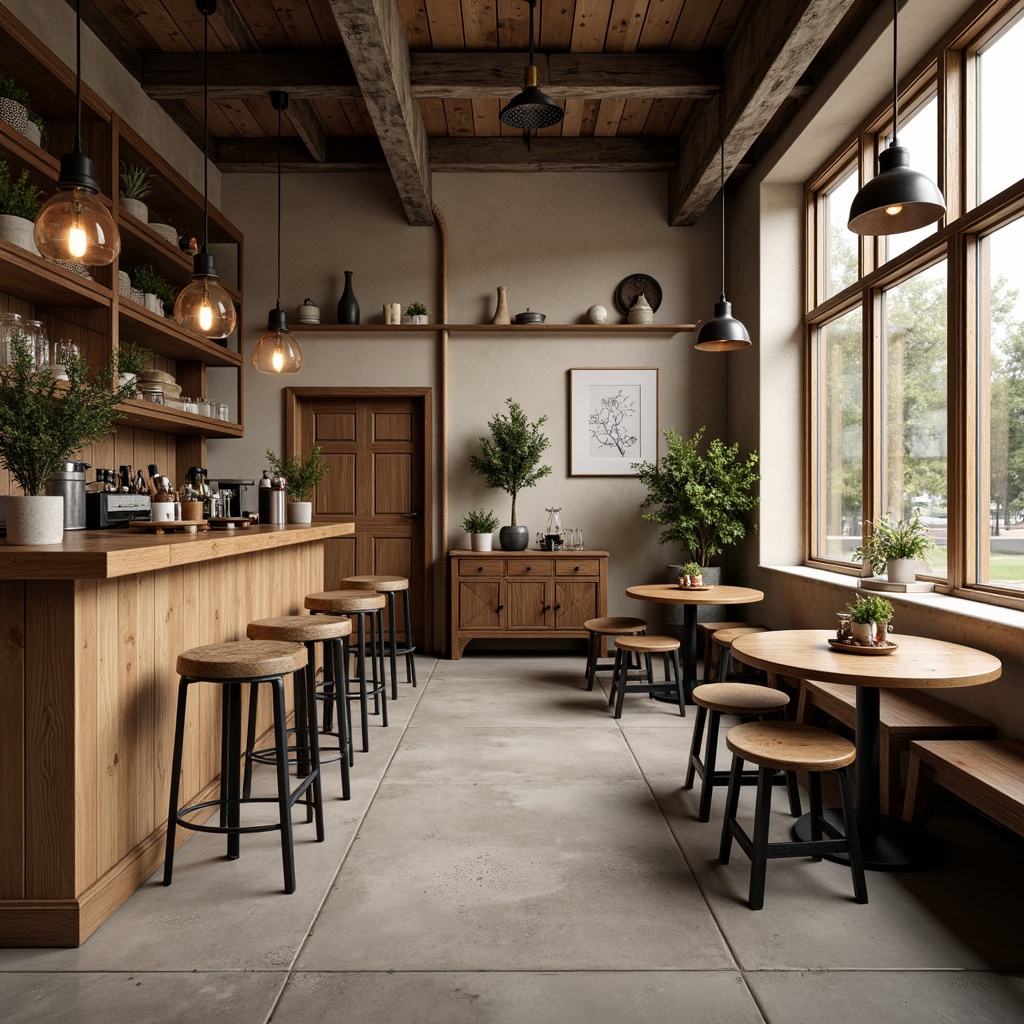 Prompt: Minimalist pub interior, wooden bar counter, stools with metal legs, rustic wooden tables, industrial-style lighting fixtures, exposed brick walls, concrete floors, vintage decorative items, greenery plants, natural textiles, warm beige color scheme, cozy atmosphere, soft box lighting, shallow depth of field, 1/1 composition, realistic wood textures, ambient occlusion.