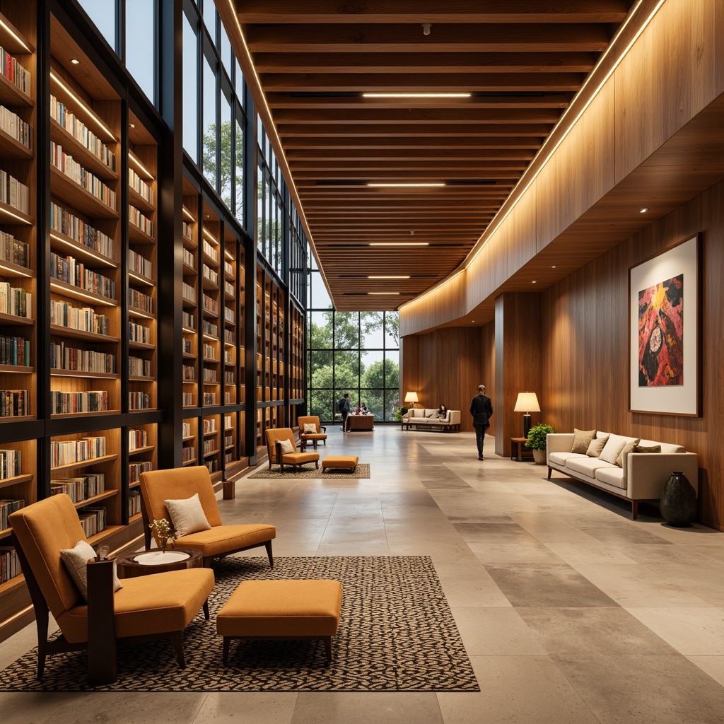 Prompt: Streamlined library interior, warm wooden accents, curved lines, minimalist decor, sleek metal shelving, built-in bookcases, comfortable reading nooks, plush velvet armchairs, geometric patterned rugs, ambient soft lighting, floor-to-ceiling windows, natural stone flooring, abstract artwork, modernist sculptures, sophisticated color palette, rich wood tones, creamy whites, bold accent walls, cozy atmosphere, warm golden lighting, shallow depth of field, 1/1 composition, realistic textures.