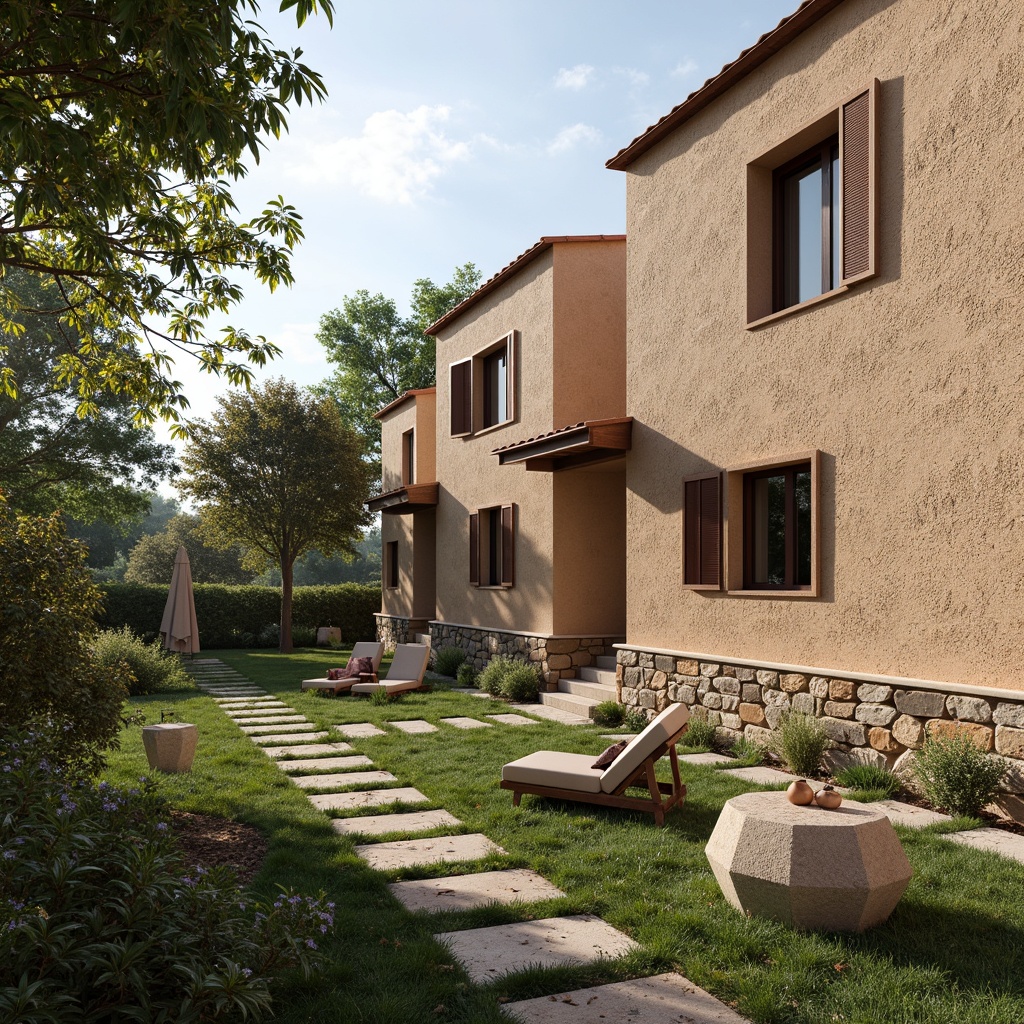 Prompt: Rustic villa, textured walls, earthy tones, natural stone foundations, Bauhaus-inspired architecture, clean lines, minimal ornamentation, functional simplicity, rectangular windows, wooden shutters, terracotta roof tiles, lush greenery, Mediterranean landscape, warm sunny day, soft diffused lighting, shallow depth of field, 1/2 composition, realistic textures, ambient occlusion.