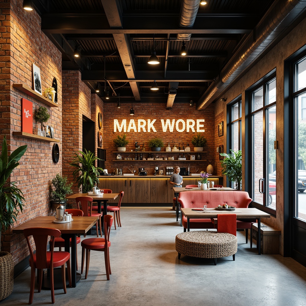 Prompt: Exposed brick accent walls, industrial chic, urban market atmosphere, reclaimed wood textures, metal beams, pendant lighting, modern minimalist furniture, bold typography signage, vibrant color accents, natural stone flooring, concrete columns, eclectic decorative artifacts, warm inviting ambiance, shallow depth of field, 1/2 composition, softbox lighting, realistic materials, ambient occlusion.