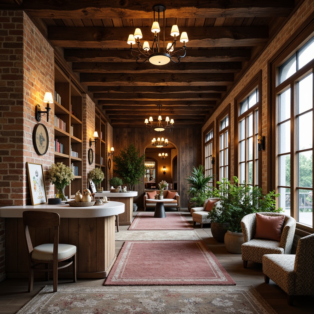 Prompt: Rustic wooden beams, exposed brick walls, distressed metal accents, soft warm lighting, vintage pendant lamps, wrought iron chandeliers, candle-style sconces, linen shade fixtures, natural fiber textiles, earthy tone color palette, aged wood furniture, plush area rugs, cozy reading nooks, large windows with shutters, French country-inspired decor, elegant curved lines, ornate metalwork details, warm golden glow, softbox lighting effect, 1/1 composition, intimate atmosphere.