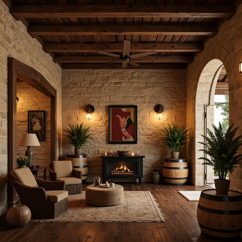 Prompt: Rustic winery, textured stone walls, earthy tones, wooden accents, eclectic decor, vintage wine barrels, dim warm lighting, rich wood floors, ornate metalwork, distressed finishes, natural fiber rugs, plush furnishings, abstract artwork, Mediterranean-inspired architecture, curved lines, asymmetrical composition, warm color palette, soft focus, shallow depth of field.